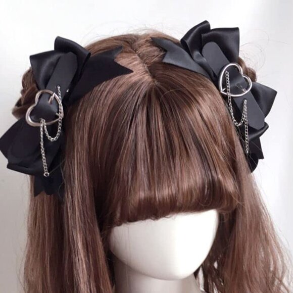 Gothic Lolita Hair Bows Set Black Chic Hairclips with Heart Charm for Women - Picture 4 of 4
